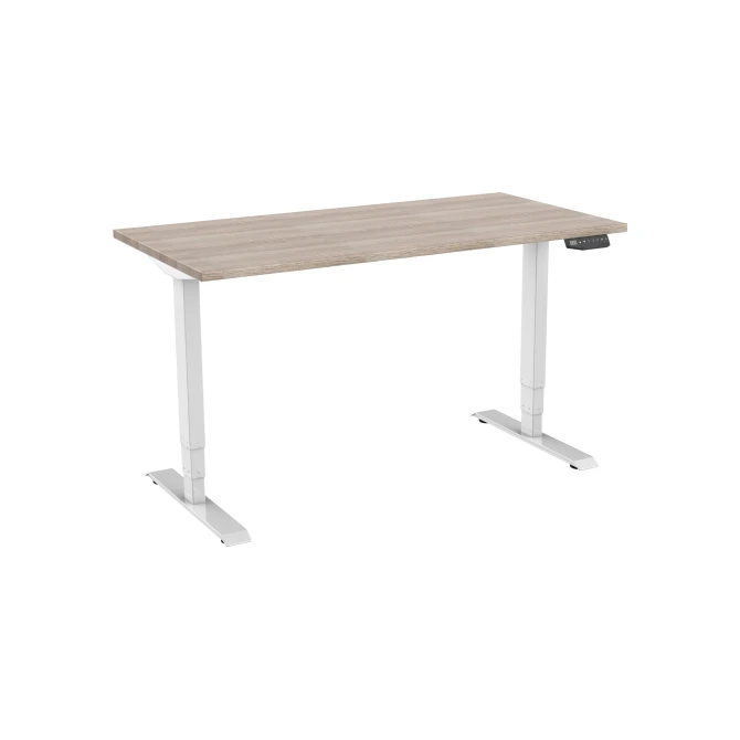 Bureau elektrisch. 2-motorig. 140X80cm. Robson Eiken Blad. Witte Poten