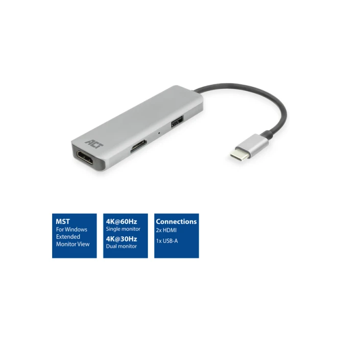 Adapter ACT USB-C 4K multiport voor 2 HDMI monitoren