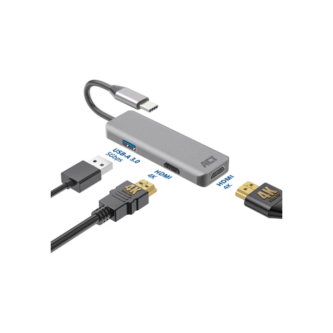 Adapter ACT USB-C 4K multiport voor 2 HDMI monitoren