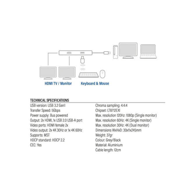 Adapter ACT USB-C 4K multiport voor 2 HDMI monitoren