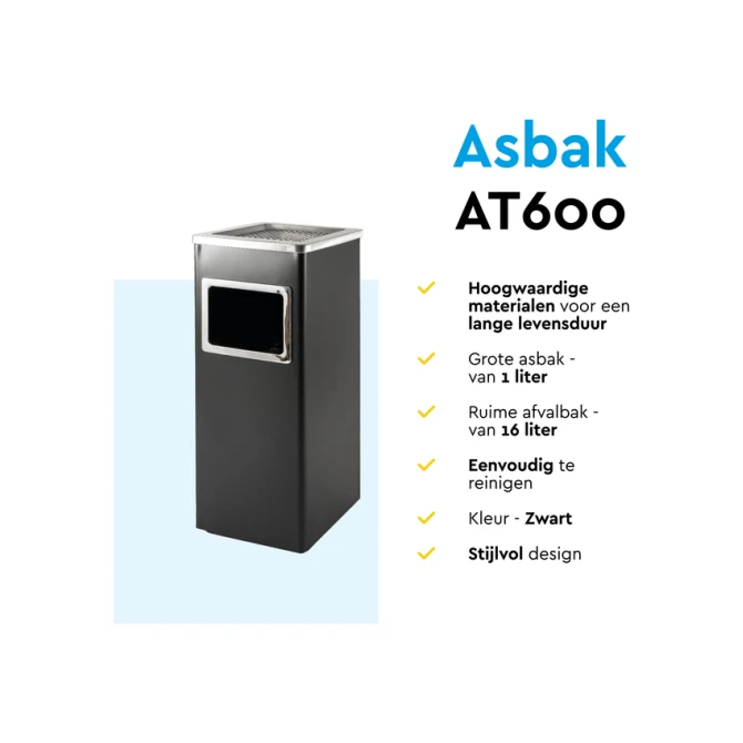 Afvalbak met asbak BRASQ 16 liter AT600 zwart