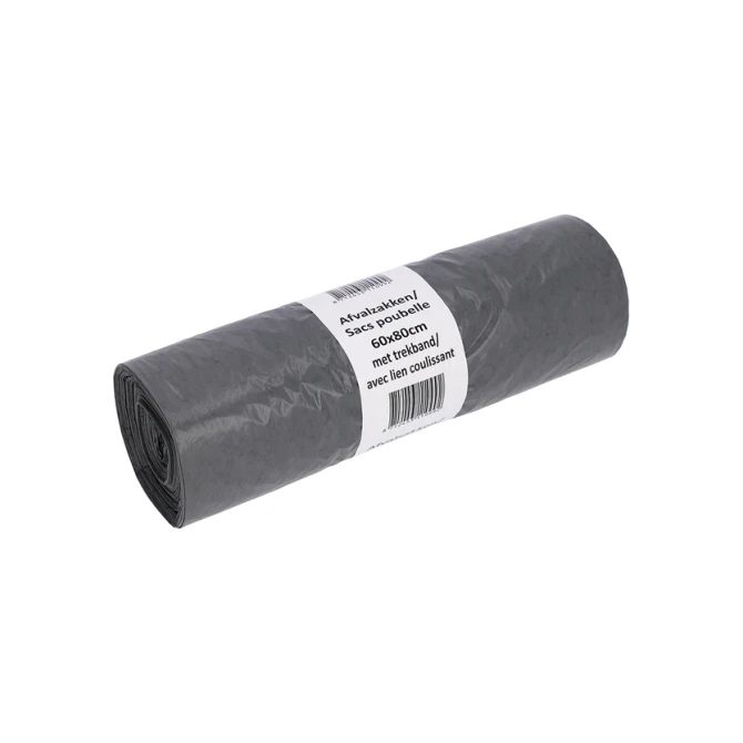 Afvalzak Cleaninq 60x80cm LDPE recycled T30 60L met trekband grijs rol à 25 stuks