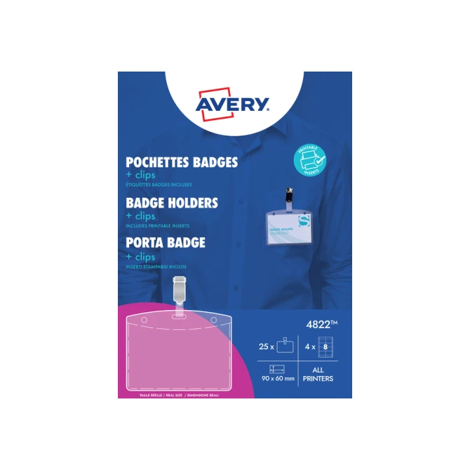 Badge Avery met clip 4822 60x90mm 25 stuks + 32 insteekkaarten