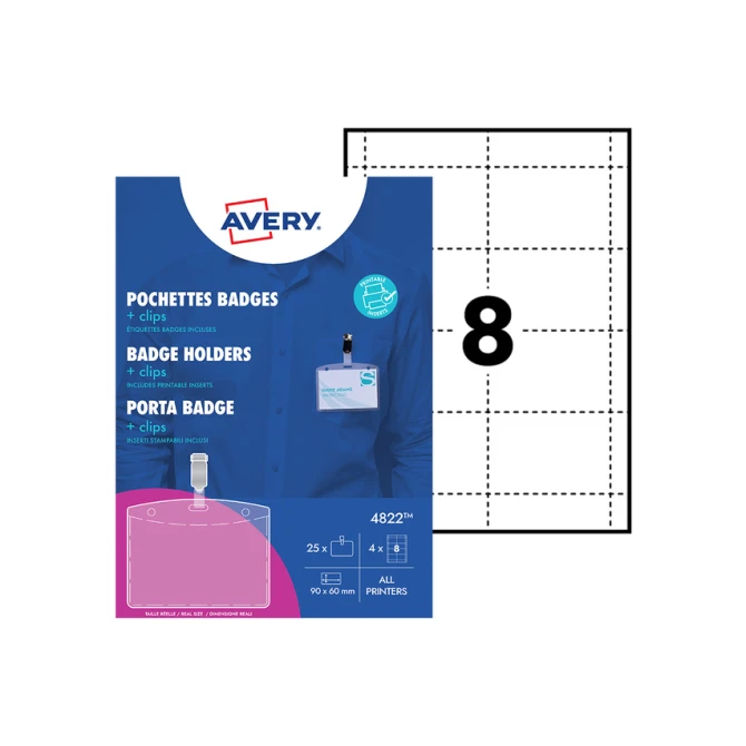 Badge Avery met clip 4822 60x90mm 25 stuks + 32 insteekkaarten