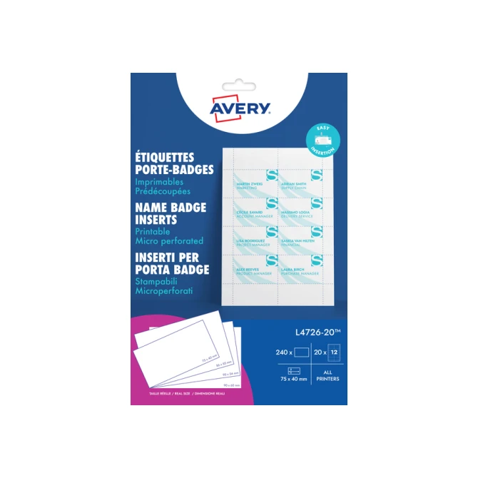 Badgekaart Avery L4726-20 40x75mm microperforatie 20 vel