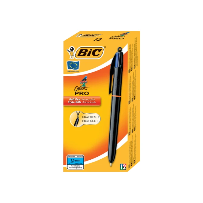 Balpen Bic 4kleuren Pro met ring medium zwart
