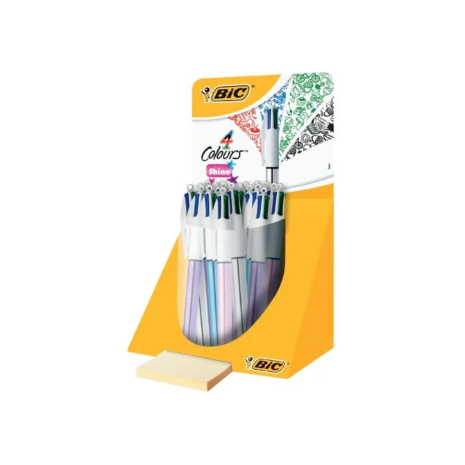 Balpen Bic 4kleuren shine medium zilver/paars/roze/blauw
