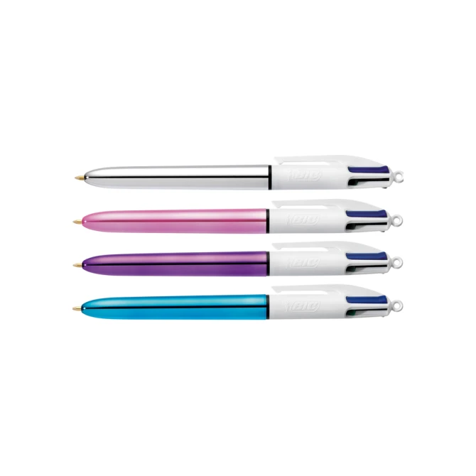 Balpen Bic 4kleuren shine medium zilver/paars/roze/blauw