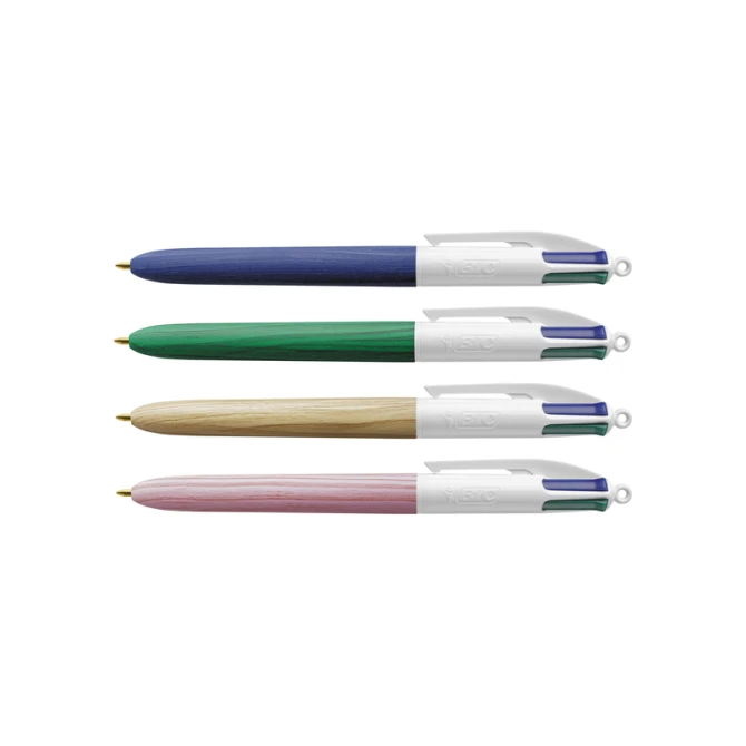 Balpen Bic 4kleuren wood medium assorti