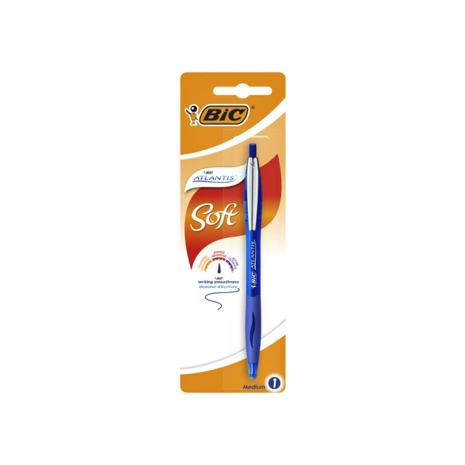 Balpen Bic Atlantis soft metalen clip clic medium blauw bister à 1st
