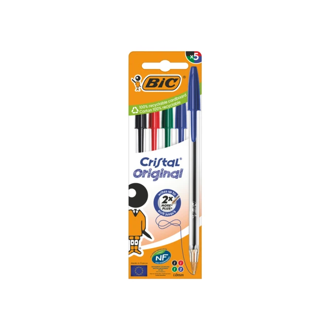 Balpen Bic Cristal medium assorti blister à 5 stuks