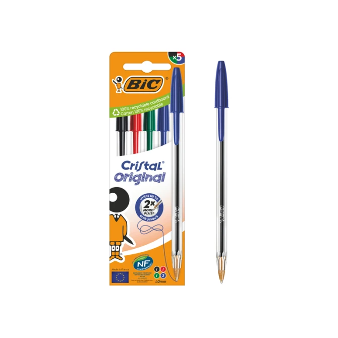 Balpen Bic Cristal medium assorti blister à 5 stuks