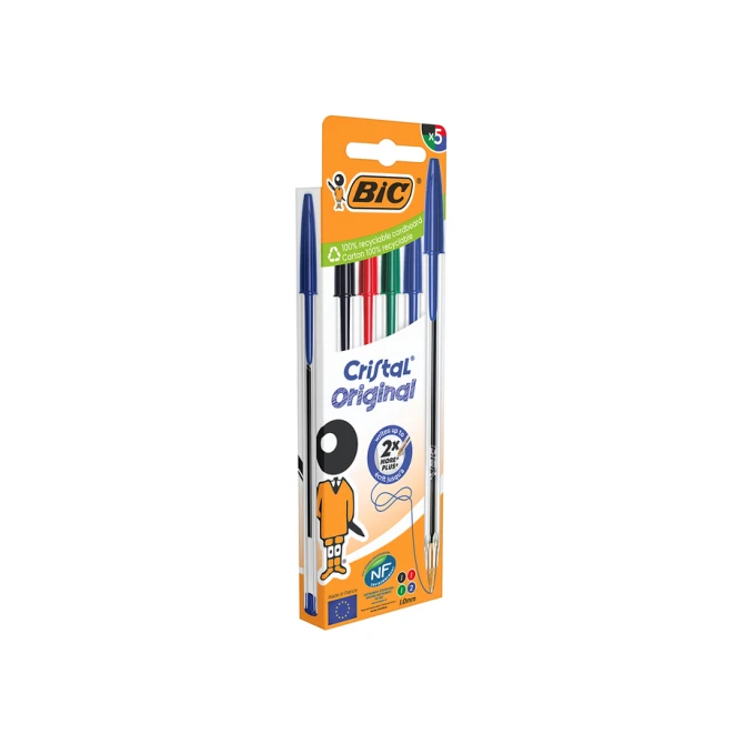 Balpen Bic Cristal medium assorti blister à 5 stuks