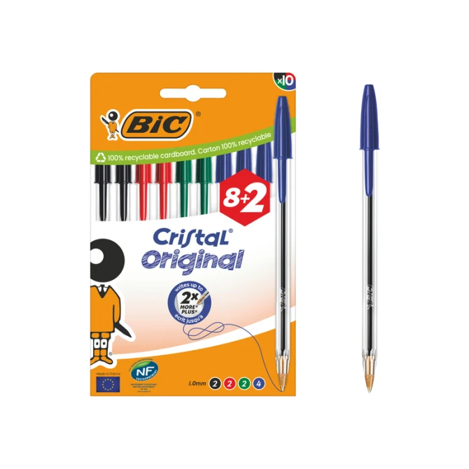 Balpen Bic Cristal medium assorti blister à 8+2 gratis