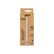 Balpen Bic Cristal Re-new medium zilver + 2 vullingen blauw