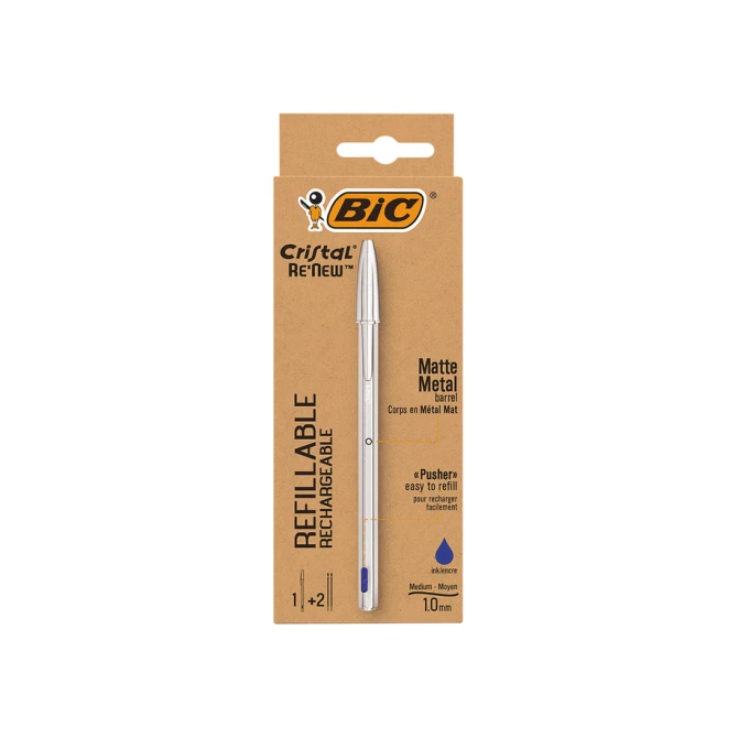 Balpen Bic Cristal Re-new medium zilver + 2 vullingen blauw