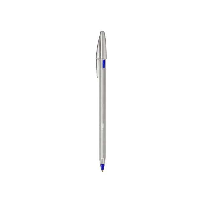 Balpen Bic Cristal Re-new medium zilver + 2 vullingen blauw
