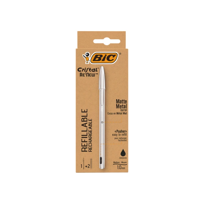 Balpen Bic Cristal Re-new medium zilver + 2 vullingen zwart