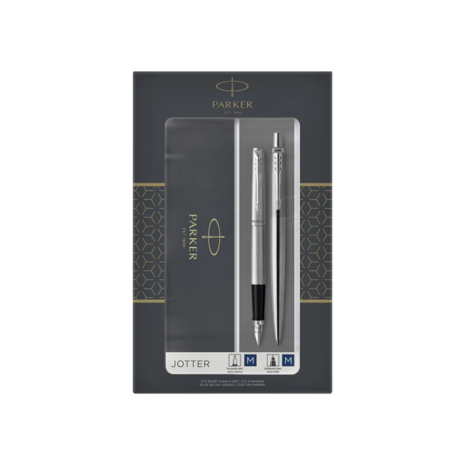 Balpen en vulpen Parker Jotter stainless steel CT medium 2 stuks