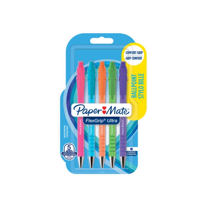 Balpen Paper Mate Flexgrip drukknop Bright fun medium assorti 5 stuks
