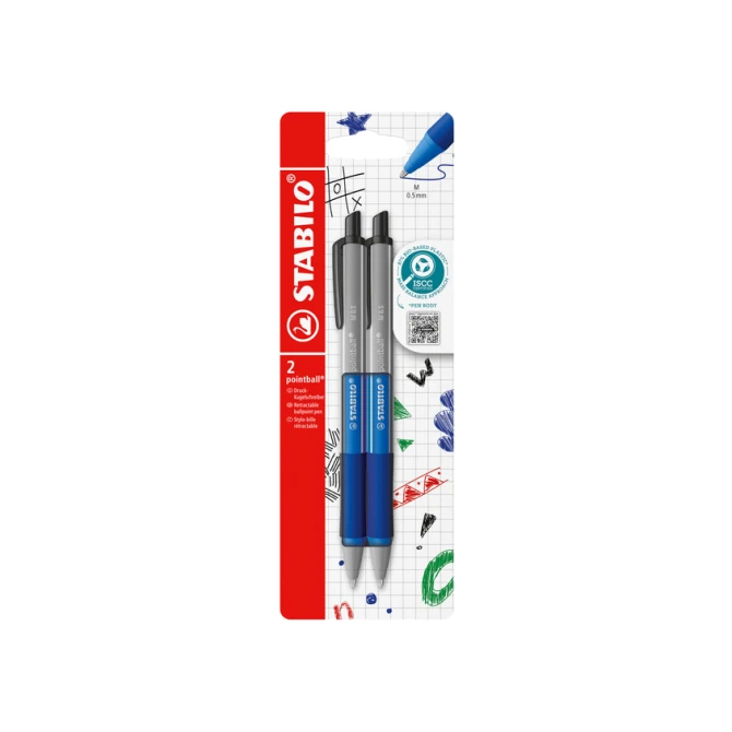 Balpen STABILO pointball colorful medium blauw blister à 2 stuks