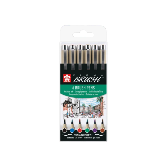 Brushpen Sakura Pigma Brush set à 6 stuks zwart