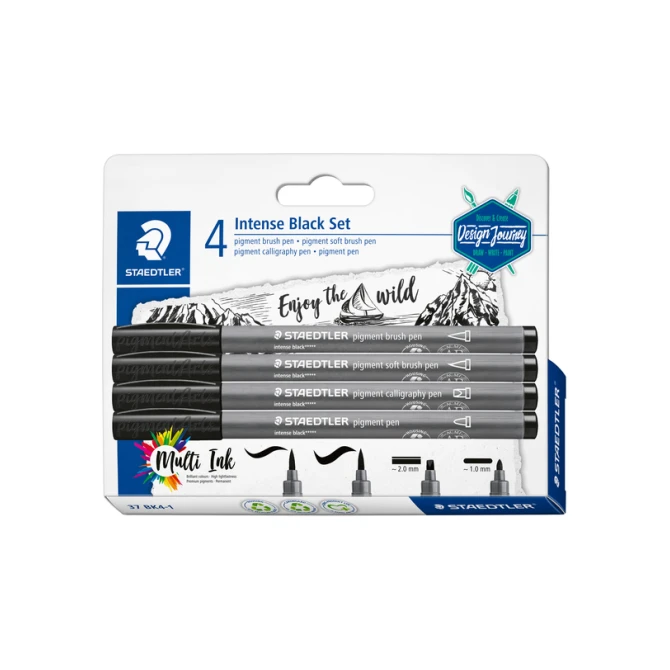 Brushpen Staedtler PigmentArts Intens zwart set à 4 schrijfbreedtes