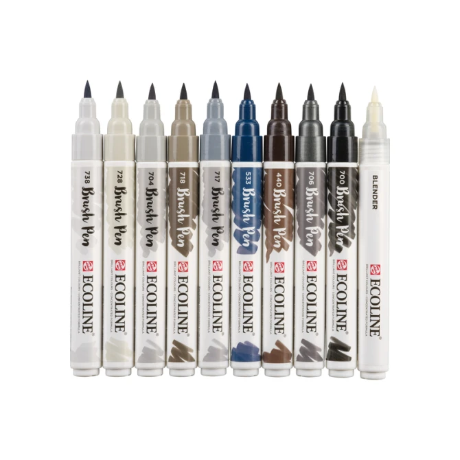 Brushpen Talens Ecoline set à 10 stuks grijs