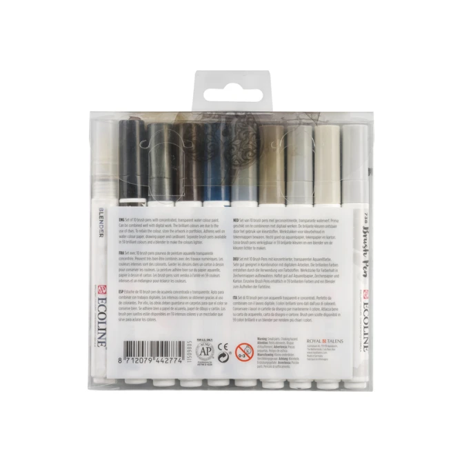 Brushpen Talens Ecoline set à 10 stuks grijs