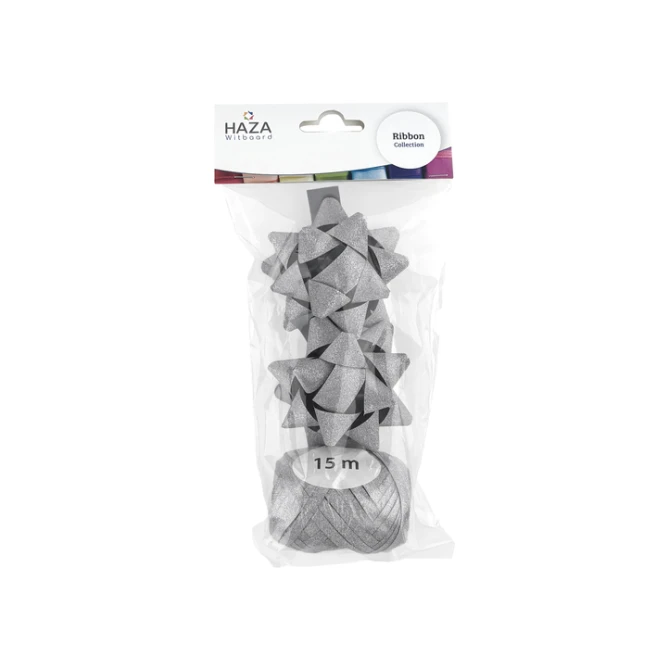Cadeaulint Polyband en 2 rozetten zilver glitter