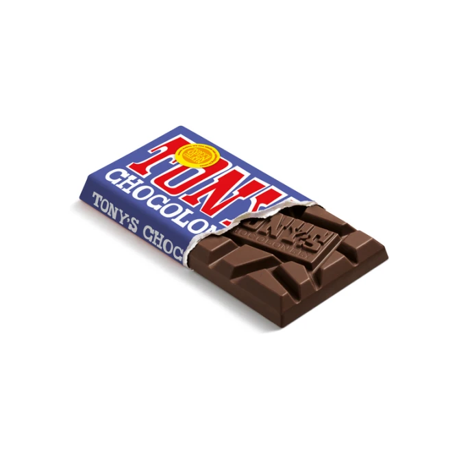 Chocolade Tony's Chocolonely donkere melk pretzel toffee reep 90 gram