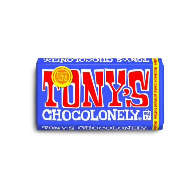 Chocolade Tony's Chocolonely donkere melk pretzel toffee reep 90 gram