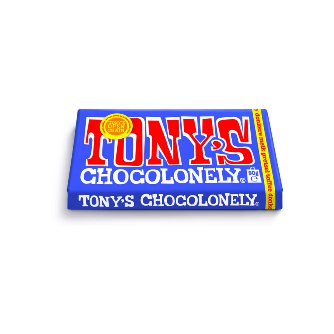 Chocolade Tony's Chocolonely donkere melk pretzel toffee reep 90 gram