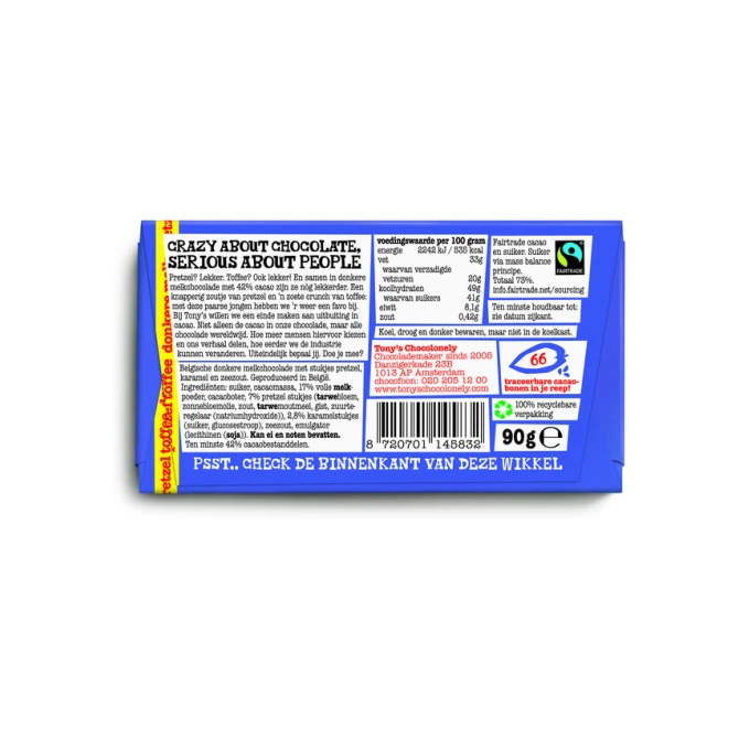 Chocolade Tony's Chocolonely donkere melk pretzel toffee reep 90 gram