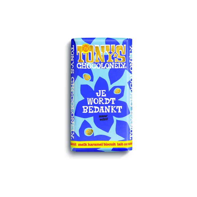 Chocolade Tony's Chocolonely je wordt bedankt reep melk karamel biscuit 180gr