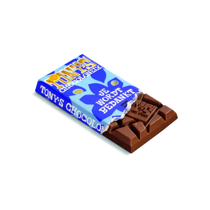 Chocolade Tony's Chocolonely je wordt bedankt reep melk karamel biscuit 180gr