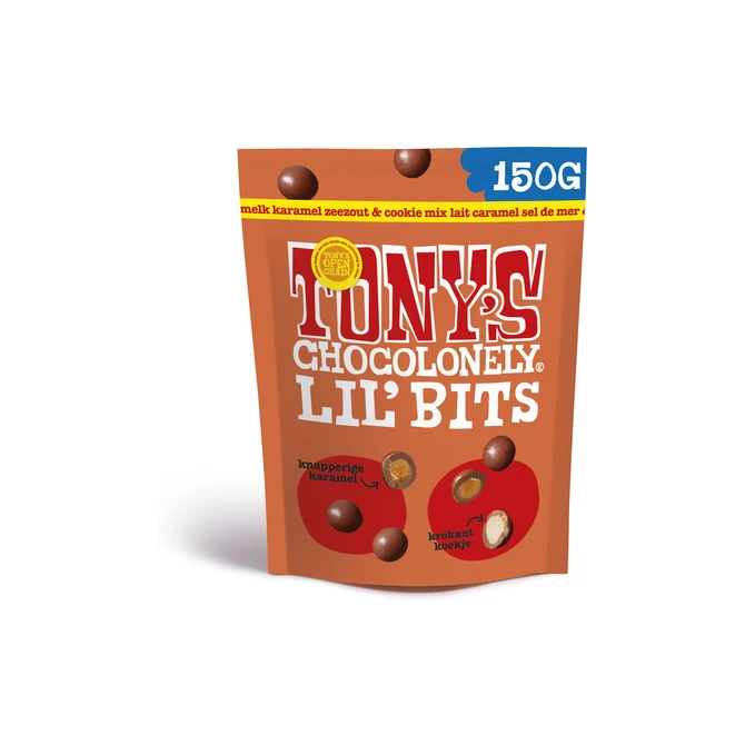 Chocolade Tony's Chocolonely Lil' Bits melk karamel zeezout & cookie 150 gram