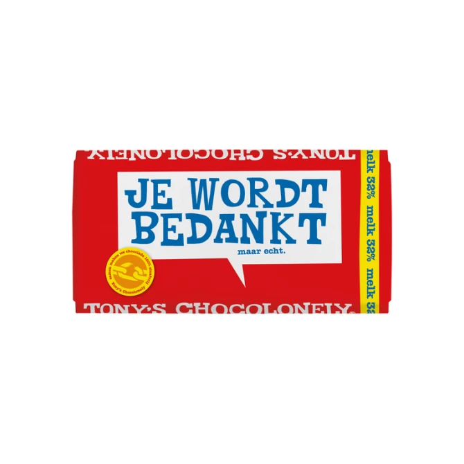 Chocolade Tony's Chocolonely melk bedankt reep 180gr