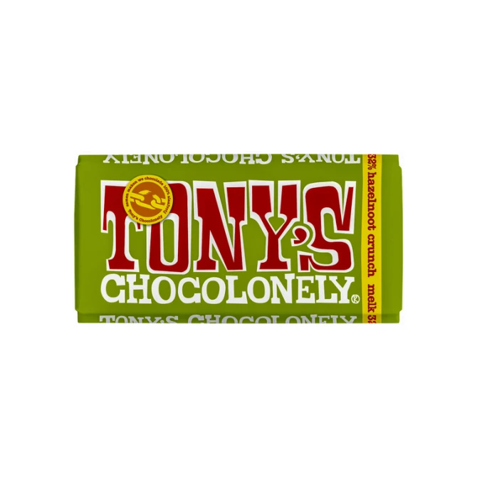 Chocolade Tony's Chocolonely melk hazelnoot crunch reep 180gr