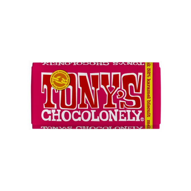 Chocolade Tony's Chocolonely melk karamel biscuit reep 180gr