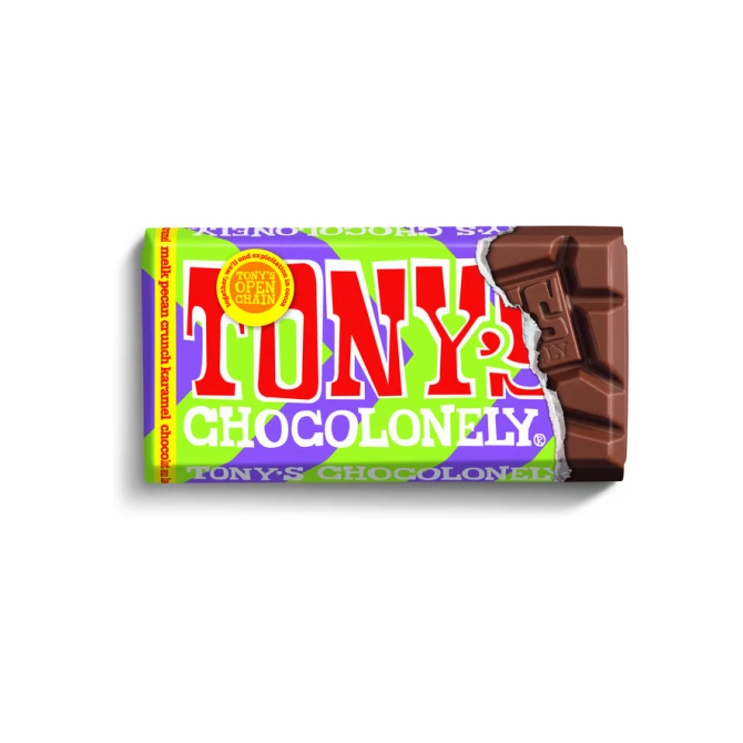 Chocolade Tony's Chocolonely melk karamel pecan crunch reep 90 gram