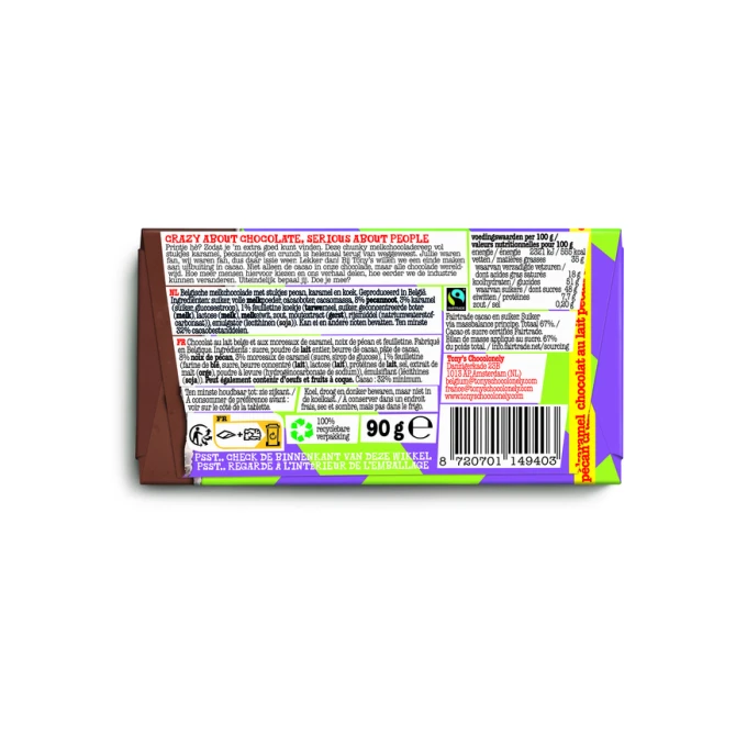 Chocolade Tony's Chocolonely melk karamel pecan crunch reep 90 gram