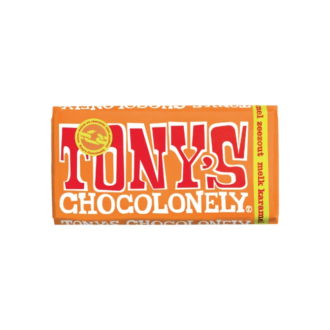 Chocolade Tony's Chocolonely melk karamel zeezout reep 180gr
