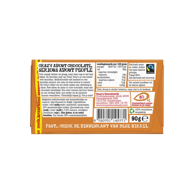 Chocolade Tony's Chocolonely melk karamel zeezout reep 90 gram