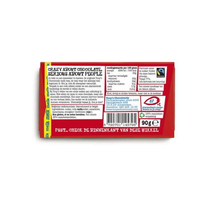 Chocolade Tony's Chocolonely melk reep 90 gram