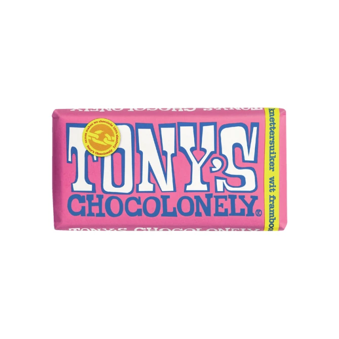 Chocolade Tony's Chocolonely wit framboos knettersuiker reep 180gr