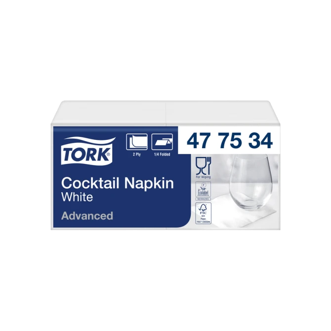 Cocktailservet Tork Advanced 1/4 vouw 2-laags 238x238mm 200 vel wit 477534