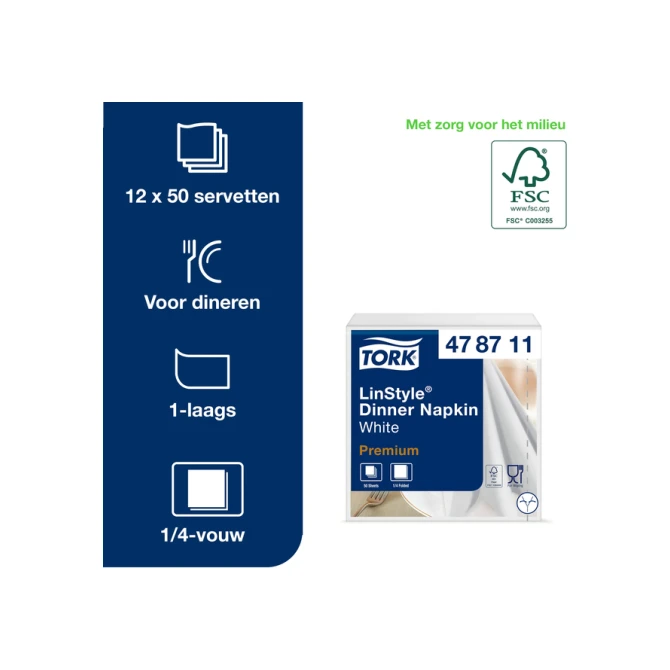 Dinerservet Tork Linstyle Premium 1/4 vouw 1-laags 390x390mm 50 vel wit 478711
