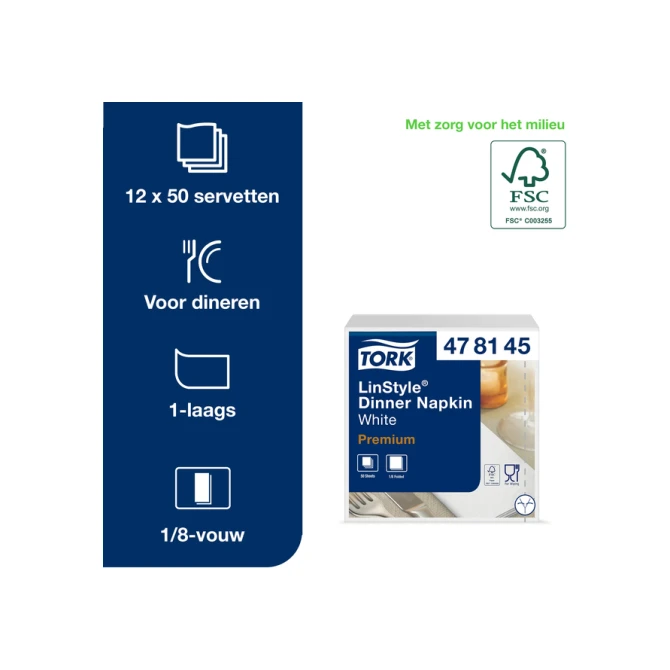 Dinerservet Tork Linstyle Premium 1/8 vouw 1-laags 390x390mm 50 vel wit 478145