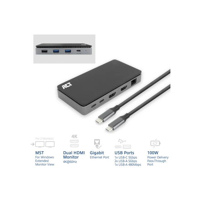 Dockingstation ACT USB-C 4K MST voor 2 HDMI monitoren